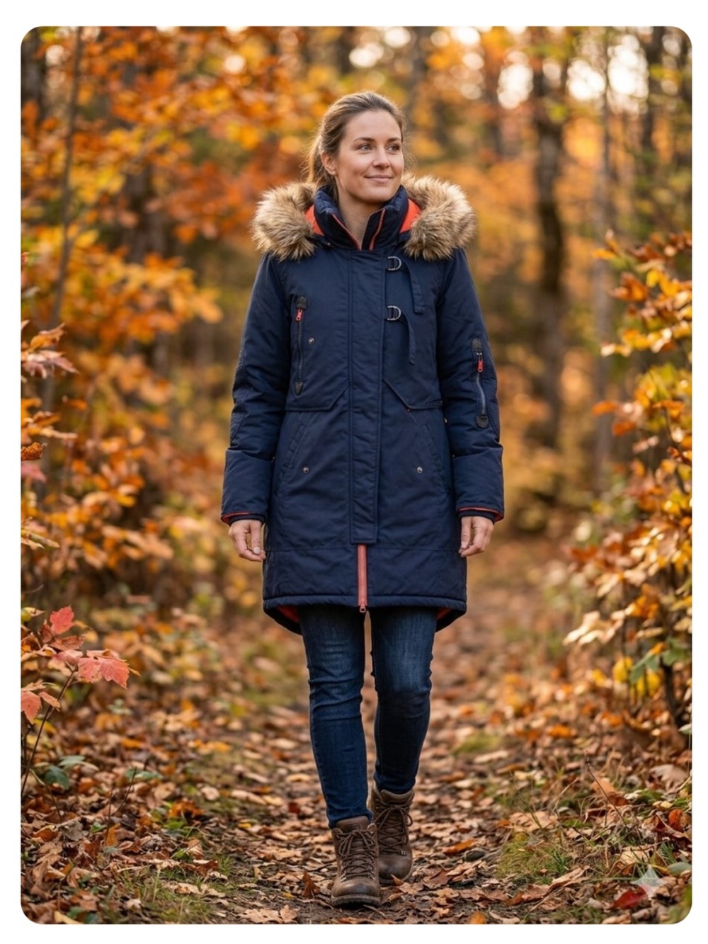ONLY Navy Blue Heavy Winter Parka Faux
Fur Hood Orange Lined Coat M
